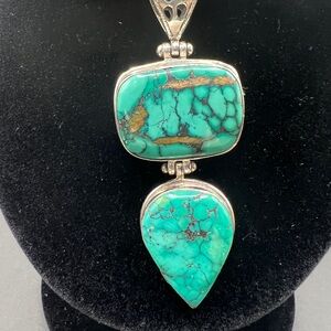 925 Sterling Silver Turquoise Pendant Necklace 17” Toggle Chain 2.5” Drop